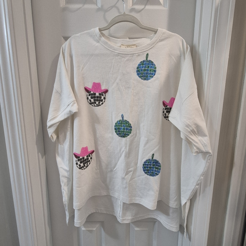 Fantastic Fawn White Short Sleeve Tee with Sequin Pink and Blue Cowboy Accents